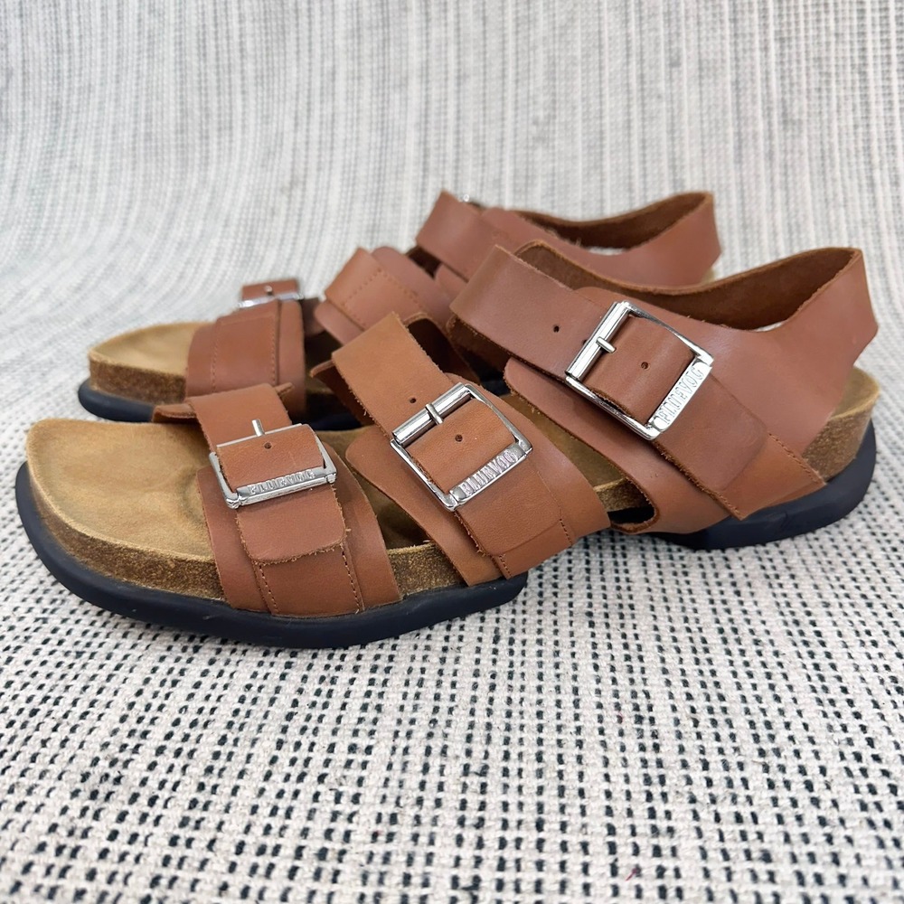 John Fluevog Peacemakers Sandals Men‎ Size 10 Brown Leather Triple Buckle Cork